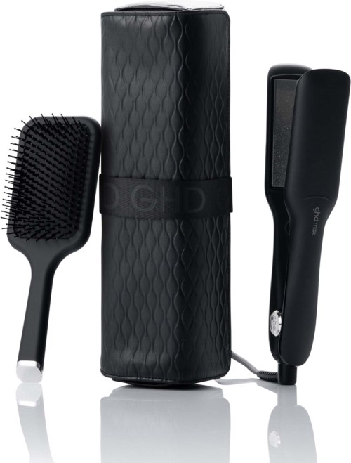 A hair styling set with a brush, a flat iron, and a black case for storage.