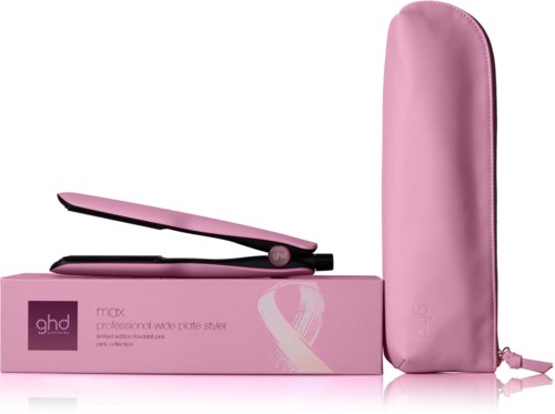 Pink hair styling tool and case, with a box that says "ghd max."