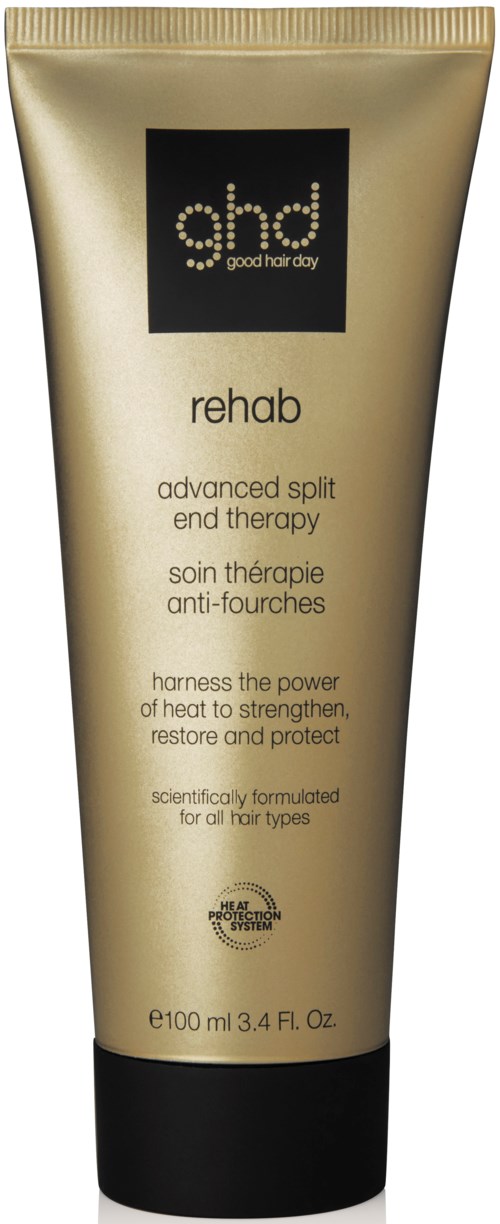 Gullfarget tube med svart lokk, hårbehandling, merket 'rehab' for splittede tupper, 100 ml.