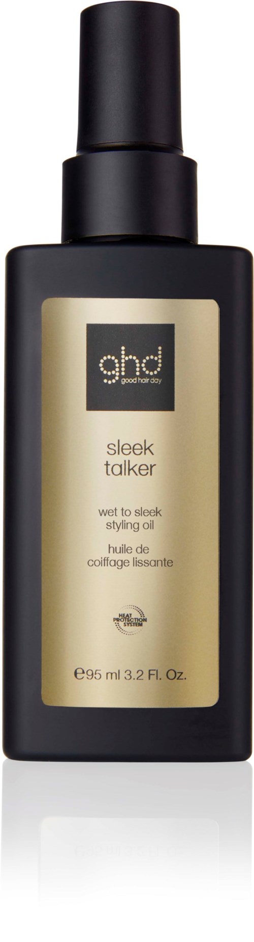 En svart flaska med spray, etikett läser ghd sleek takler, stylingolja för hår, 95 ml.