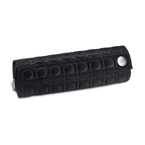 A black quilted pencil case with a zipper and a round white logo button.
