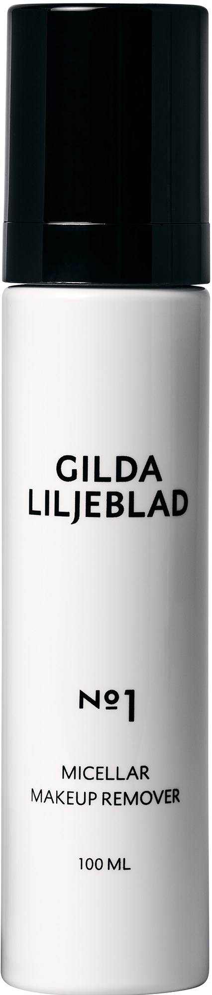 En vit flaska med svart lock. Den står Gilda Liljeblad Micellar Makeup Remover, 100 ml.