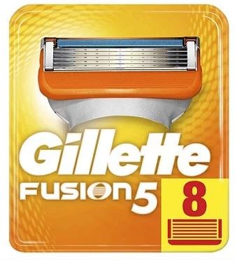 Gillette Fusion 5 partavaahdon pakkaus oranssissa ja keltaisessa pakkauksessa, ja oikeassa alakulmassa numero 8.