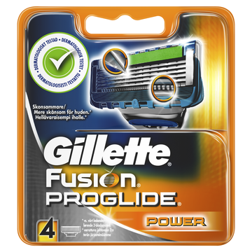 Gillette Fusion ProGlide Power -rasvaussiväline, jossa on neljä terää. Pakkaus sisältää brändin ja tiedot sekä vihreän tarkistusmerkin.