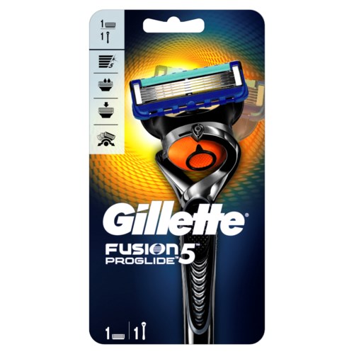 En Gillette Fusion 5 ProGlide rakhyvelspaket med fem blad, ett stilrent handtag och ikoner för funktioner.
.