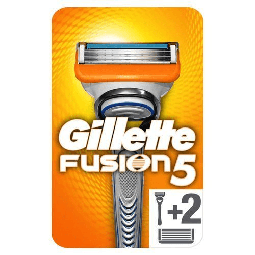 Gillette Fusion 5 rakhyvelblad med +2 extra blad på ljus orange bakgrund.