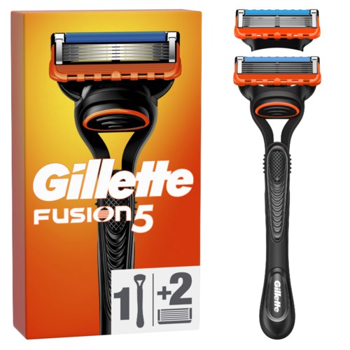 Gillette Fusion5 partateristi, jossa on vaihdettavat terät, vieressä oranssi ja musta pakkaus.