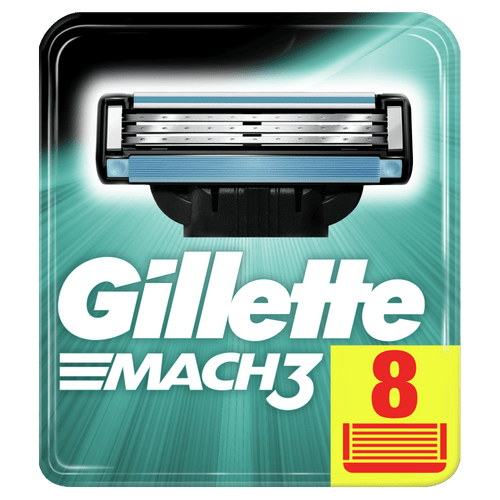 Gillette Mach 3-teilin teräskuori, jossa on suuri keltainen laatikko numerolla 8.