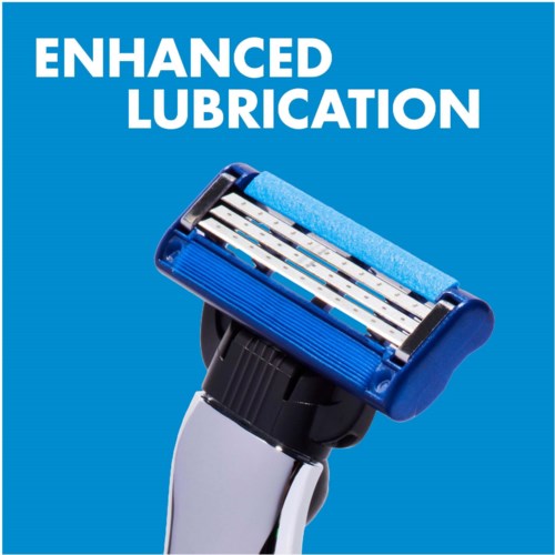 A razor with a blue handle and multiple blades, promoting enhanced lubrication for better shaving.