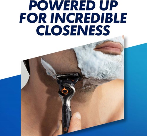A man shaves his face with a razor, foam. The background is mainly blue and white with bold text.