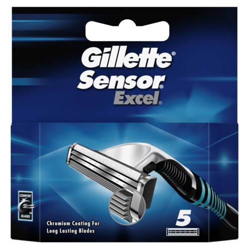 Gillette Sensor Excel teräohjeiden pakkaus, sisältää 5 terää, kromipinnoite kestävyyteen.