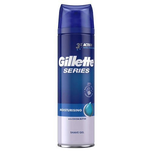 En blå burk Gillette Series rakgel med kakaosmör, återfuktande och 3x effekt för rakning.