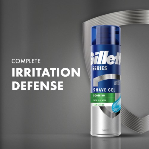 Gillette shave gel for sensitive skin, claims to soothe and prevent irritation, in a blue and silver can.