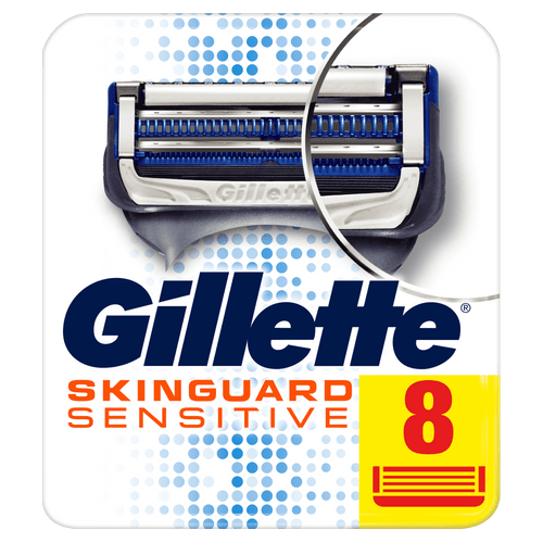 En pakke Gillette Skin Guard Sensitive barberblade med stor gul og rød etiket med tallet 8.