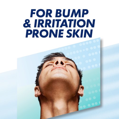 Text promoting skincare for bump and irritation prone skin. A person looks happy with close-up face. Blue and white design.