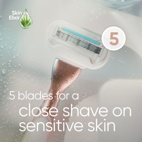 A razor with 5 blades designed for sensitive skin, shown in water with a description highlighting its features.