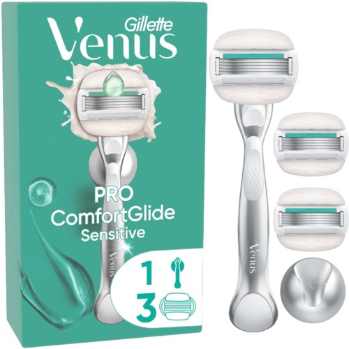 Gillette Venus ProComfortGlide Sensitive rakhyvel med extra blad, handtag och extra utbytbara huvuden.