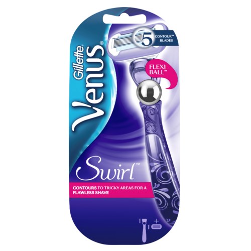 En Gillette Venus Swirl rakhyvel med 5 blad och flexibel boll för slät rakning, i lila och blått förpackning.