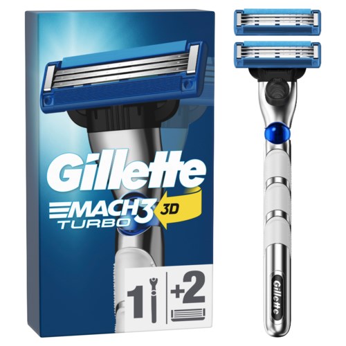 Gillette Mach3 Turbo-parranajoviila, jossa on kaksi terää, ja sen sininen pakkauksensa.