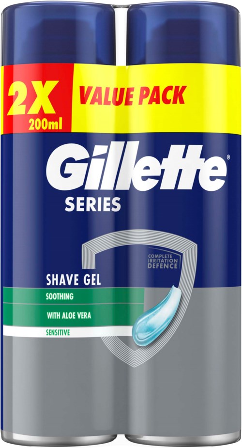 Two cans of Gillette shave gel in blue containers with a yellow and red label highlighting a 2X value pack.