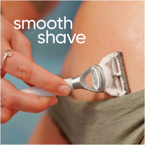 Henkilö ajaa sääriä partakoneella, kuvaan on kirjoitettu "smooth shave".