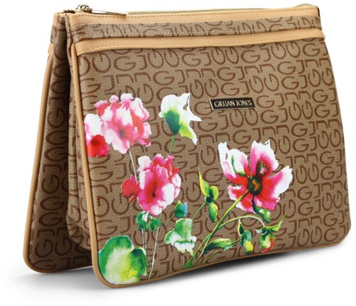 En beige taske med blomsterdesign og falsk logo, med pink og grønne blomster.