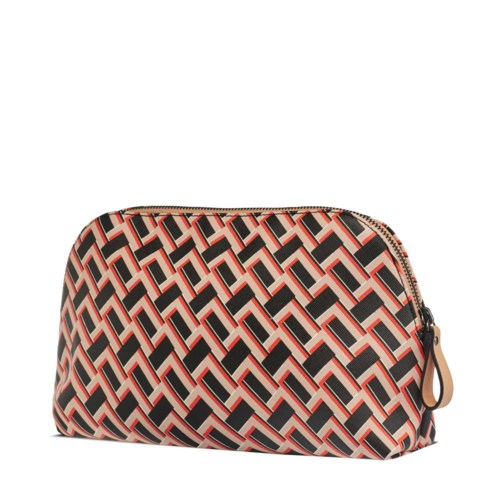 En mönstrad necessär med zigzagdesign i svart, rött och beige, med dragkedja upptill.