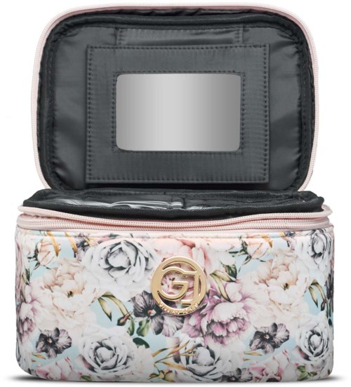 En makeupväska med blomstermönster och en guldkedja, öppen för att visa spegel och fack innanför.