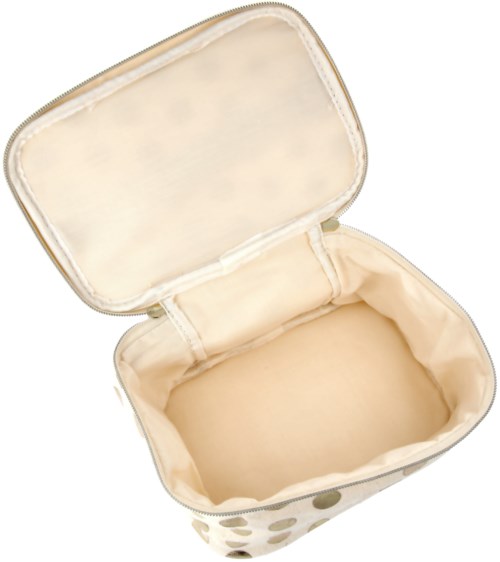 Öppnad beige sminkväska med prickar, tom inuti, dragkedja upptill.