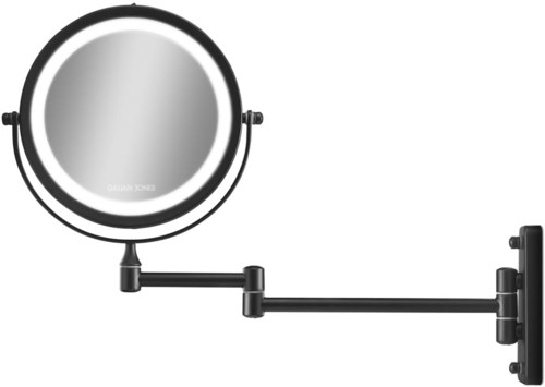 A round mirror attached to an adjustable arm and wall mount.