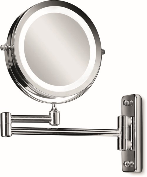 A round, adjustable mirror on a metal arm attached to a wall. It has a sleek, modern design.