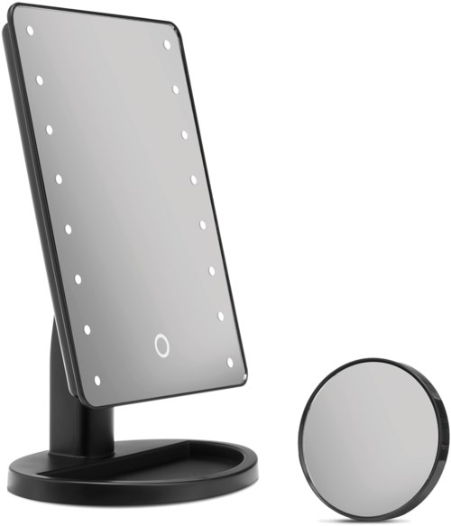En spegel med LED-lampor, ett stativ och en avtagbar rund förstoringsspegel.