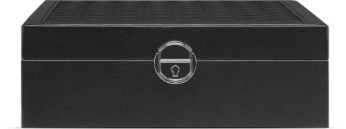 A black box with a lock on the front, looks like a storage or jewelry box.
