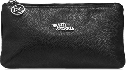 Svart sminkväska med dragkedja och nyckelring, märkt med 'Beauty Secrets'-logga.