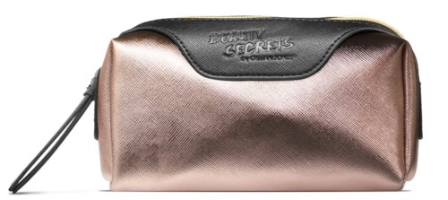 En rund kosmetväska med metallic rosa kropp och svart topp, med dragkedja och DSHUN SECRET-logotyp.