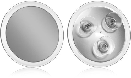 En rund LED-lampa med tre små glödlampor och en slät, reflekterande yta. Baksidan har tre små glödlampor inuti.