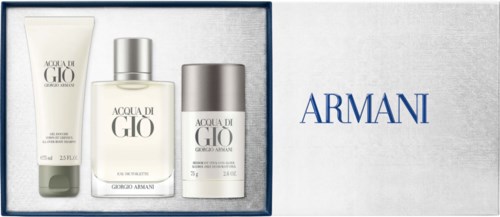 En parfummanikäng med tre Armani Acqua di Giò-flaskor i ett box, inklusive en stor flaska, spray och en mindre behållare.