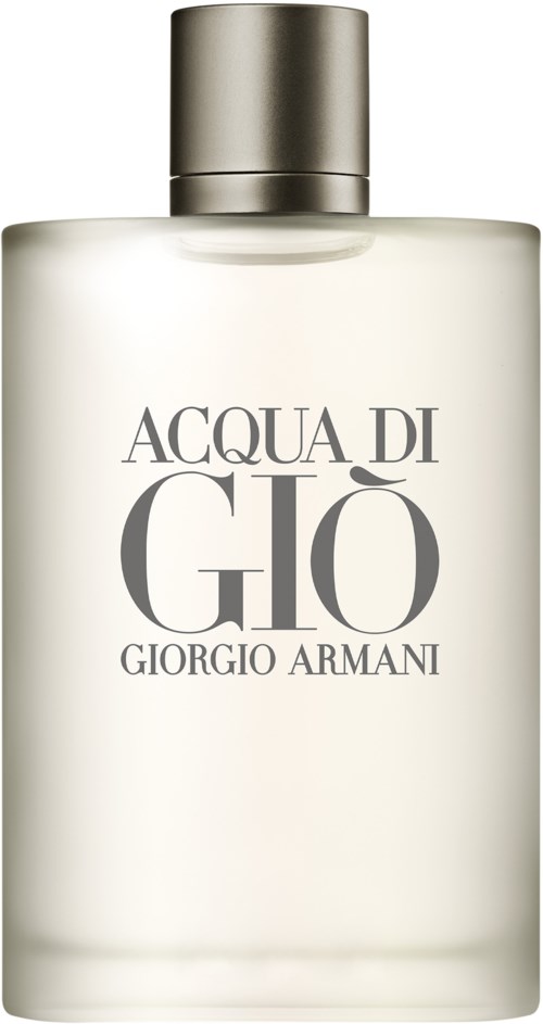 A white perfume bottle with a silver cap, labeled 'Acqua di Giò Giorgio Armani.'