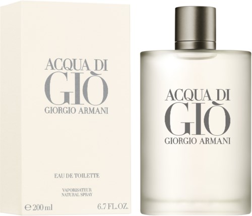 A perfume bottle and box label for Giorgio Armani's Acqua di Giò, with text and simple design.