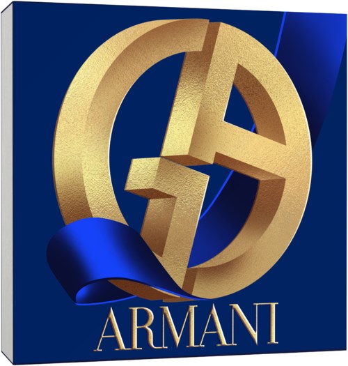 Ein goldfarbenes Logo mit den Buchstaben G und F, ein blauer Banner, und das Wort 'ARMANI' darunter.