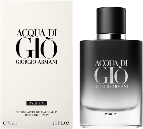 En parfymeflaske med svart og sølvgradiente, merket 'Acqua di Giò', og en matchende eske.