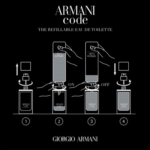 Diagramm zeigt, wie man die Armani Code Eau de Toilette-Flasche mit Anweisungen und Illustrationen nachfüllt.