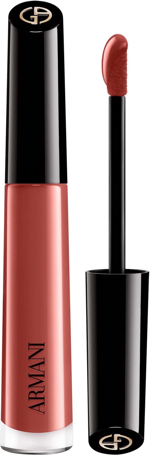 Lipglossrør med Armani-logo på sort låg og applikator med pink gloss.