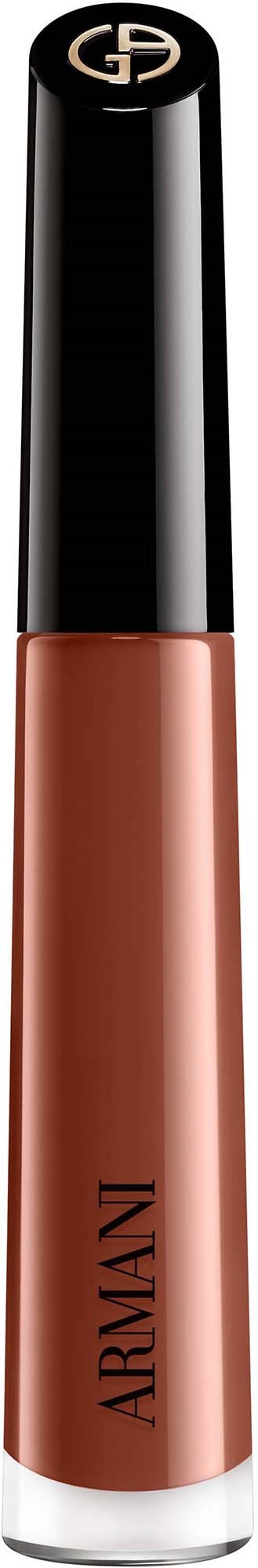 En Armani læbestiftflaske med sort låg og gennemsigtig krop, der viser den nude nuance.