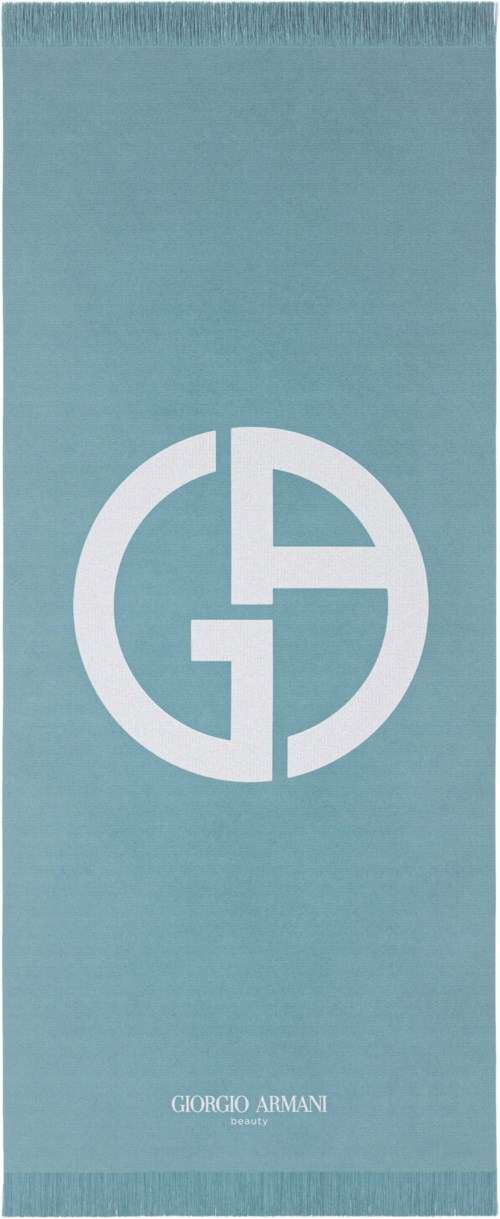 En vertikal Giorgio Armani-handduk med blå färg och vit logotyp och text.