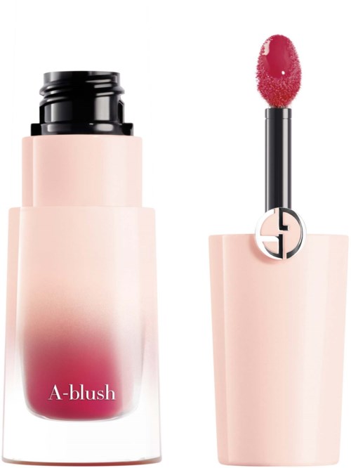 Leppeglansrør med børste og rosa merkelapp med teksten "A-blush."