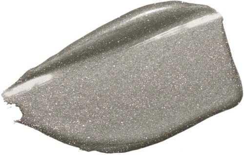 Sølv makeup-prøve med glitrende, skinnende tekstur og glat, buet form.