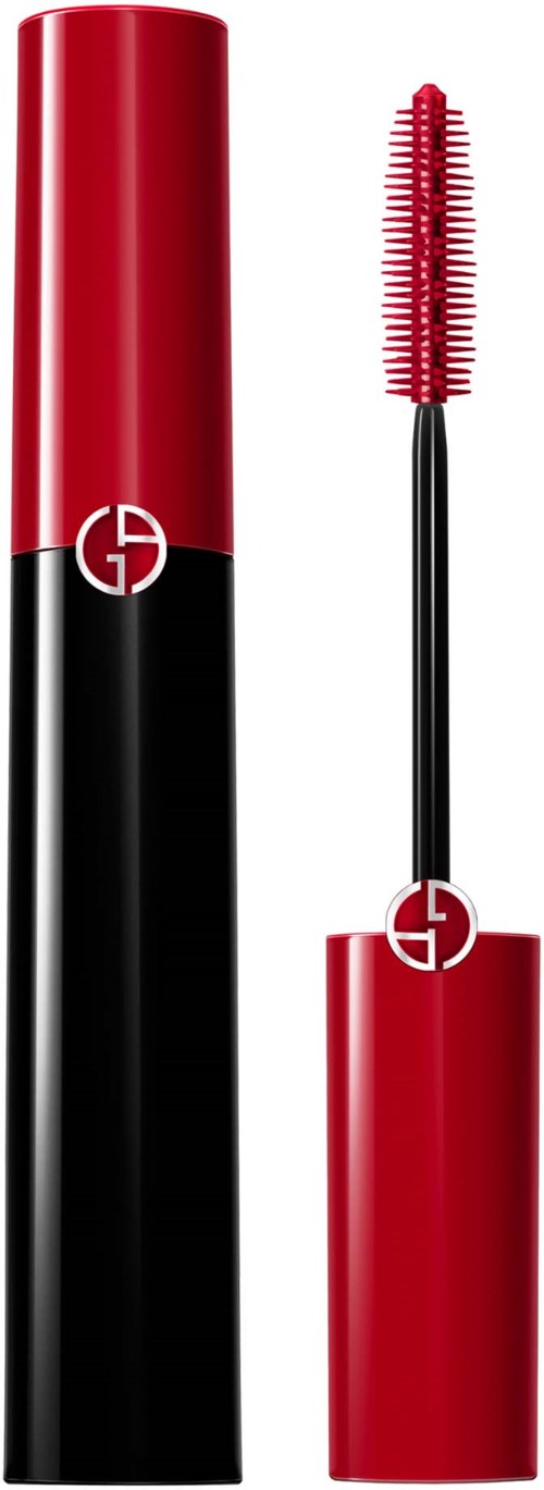 En rød og sort mascara tube med en børste. Den har et logo på låget og røret.