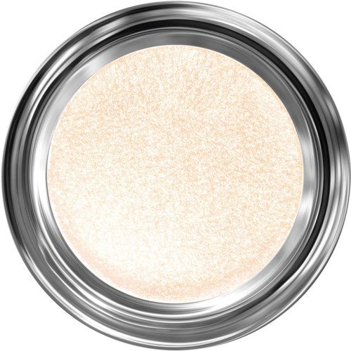 En rund, blank, sølvfarget beholder med beige, glitteraktig pulver inni.