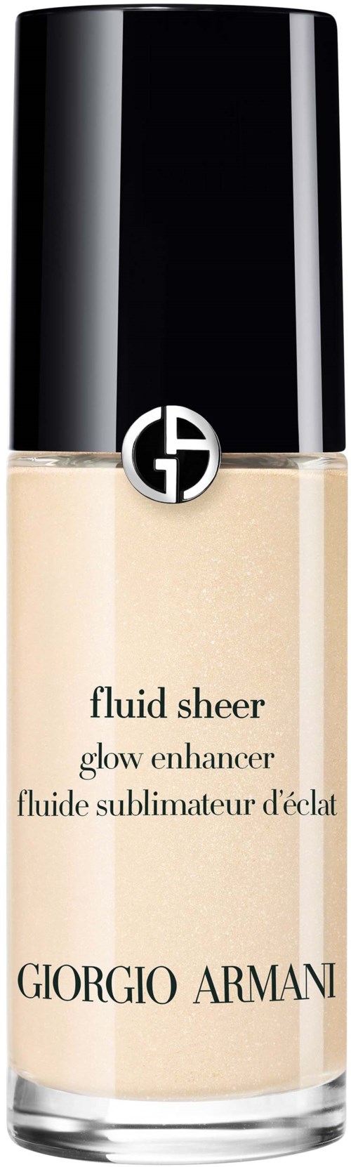 En flaska Giorgio Armani Fluid Sheer glow enhancer, med svart lock och klar glas som visar ljusfärgad vätska.